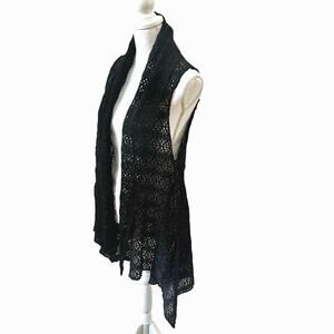 Kaktus Black Open Crochet Knit Sleeveless Cardigan Vest